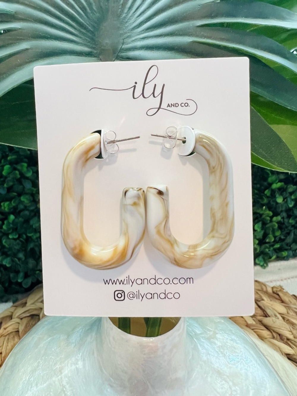 New Marbled Cream and Tan Oval Hoop Earrings | Lightweight | Modern Geometric